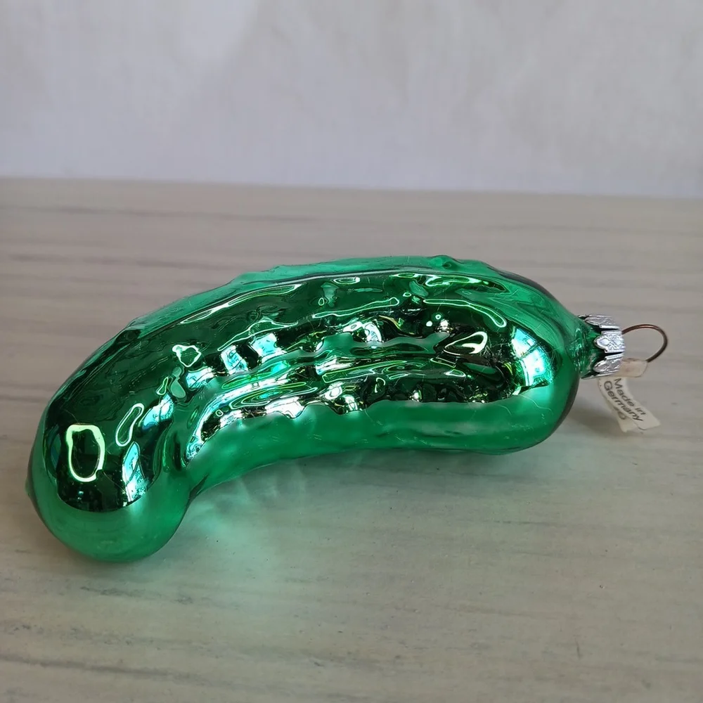 West Germany Glass Green Pickle Christmas Ornament 4 in